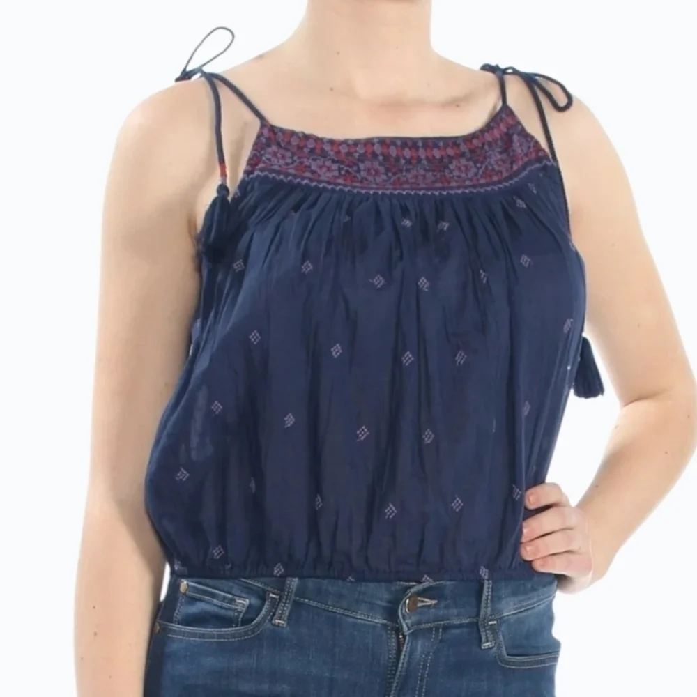NWT Free People Hippy Navy Camisole Top With Red Embroidery Size XS